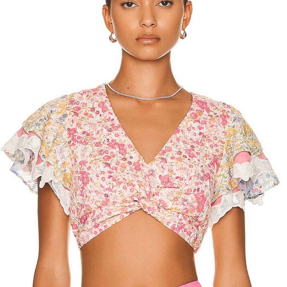 Love Shack Fancy Kielle Ruffle Crop Top Colorful Floral Size XL 100% Cotton $295